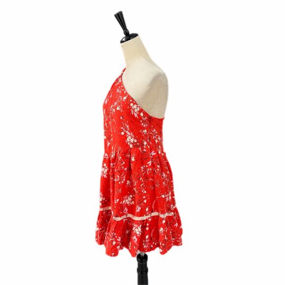 Free People All Mine Red Linen Blend One Shoulder Floral Flowy Boho Mini Dress - Picture 6 of 12